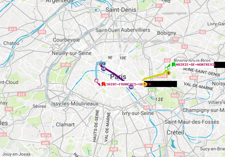 plan itinéraire ratp de Mairie de Montreuil à Saint-Francois-Xavier