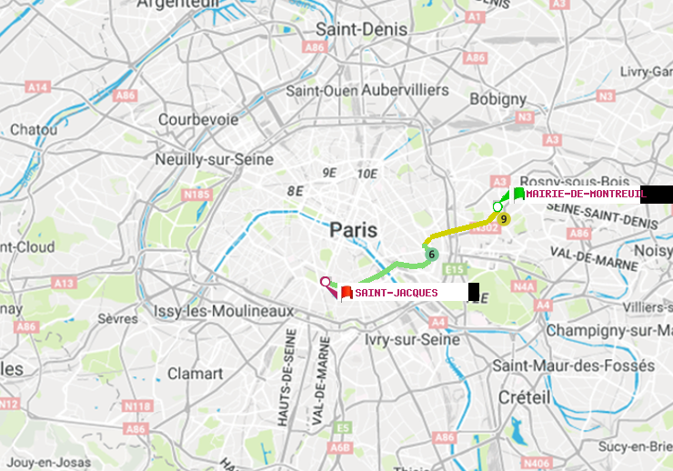 plan itinéraire ratp de Mairie de Montreuil à Saint-Jacques