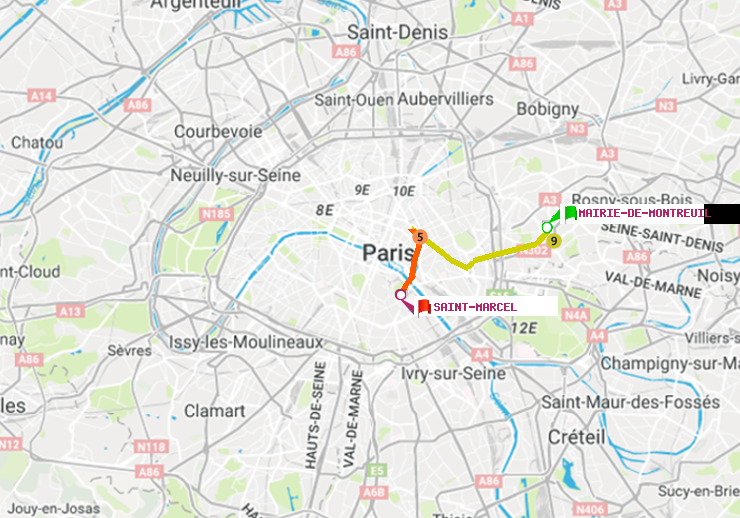 plan itinéraire ratp de Mairie de Montreuil à Saint-Marcel