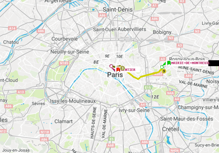 plan itinéraire ratp de Mairie de Montreuil à Sentier