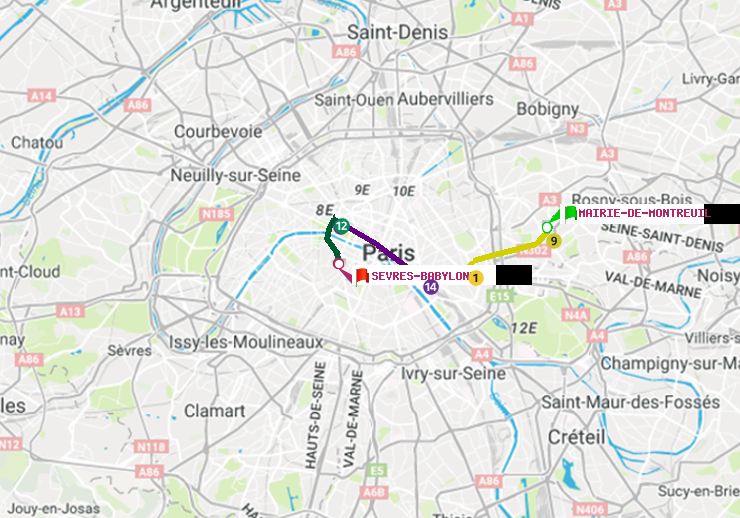 plan itinéraire ratp de Mairie de Montreuil à Sèvres-Babylone