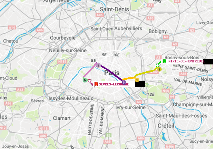 plan itinéraire ratp de Mairie de Montreuil à Sèvres-Lecourbe