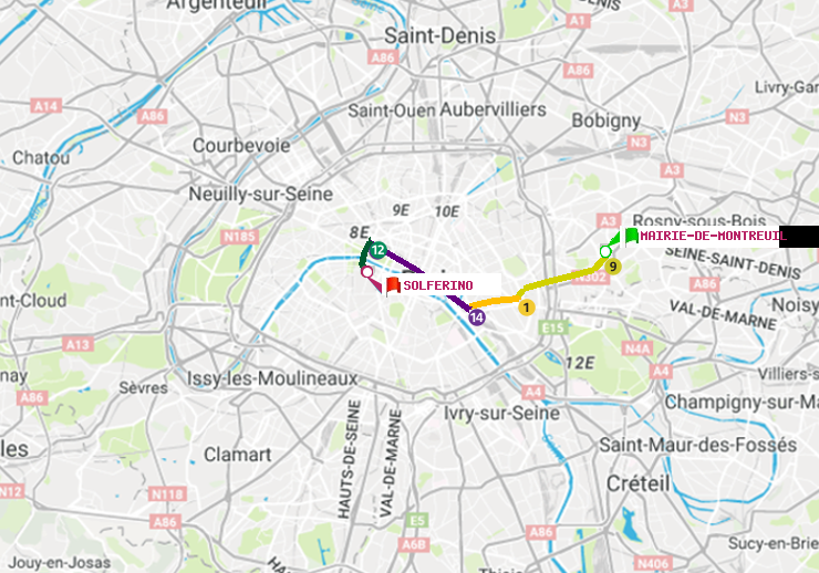 plan itinéraire ratp de Mairie de Montreuil à Solférino
