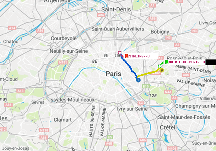 plan itinéraire ratp de Mairie de Montreuil à Stalingrad