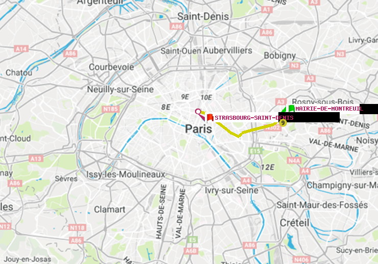 plan itinéraire ratp de Mairie de Montreuil à Strasbourg-Saint-Denis