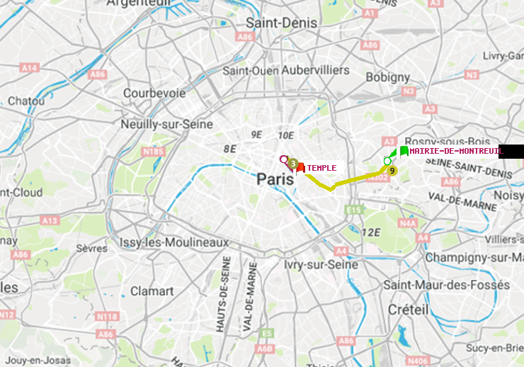 plan itinéraire ratp de Mairie de Montreuil à Temple