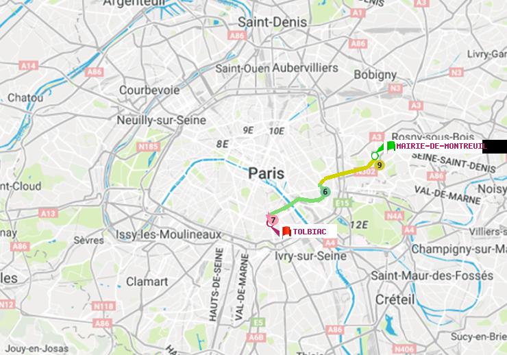 plan itinéraire ratp de Mairie de Montreuil à Tolbiac