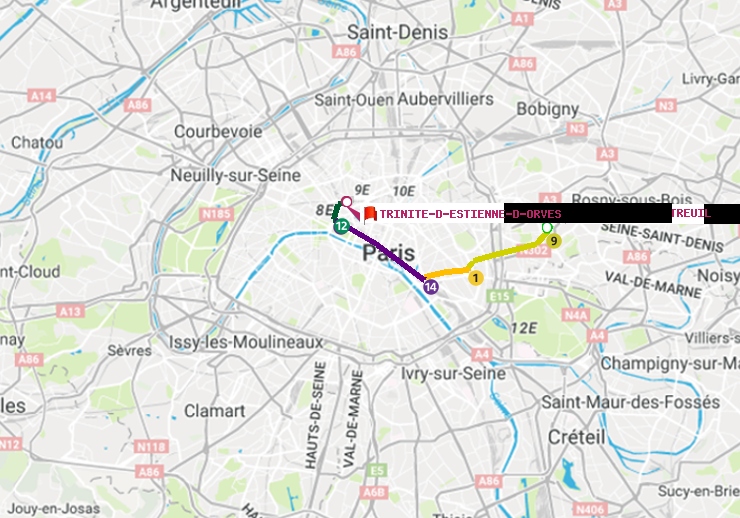 plan itinéraire ratp de Mairie de Montreuil à Trinité-d