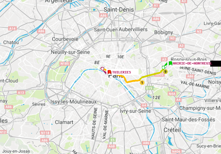 plan itinéraire ratp de Mairie de Montreuil à Tuileries