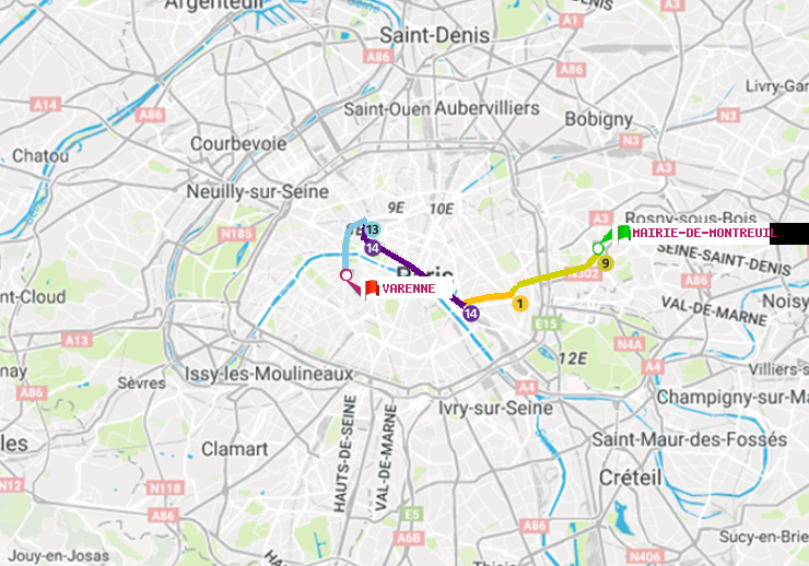 plan itinéraire ratp de Mairie de Montreuil à Varenne