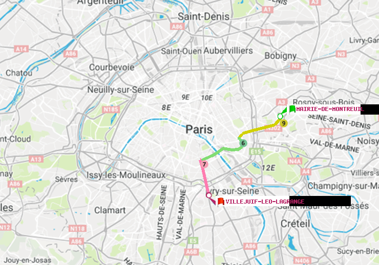 plan itinéraire ratp de Mairie de Montreuil à Villejuif-Léo Lagrange