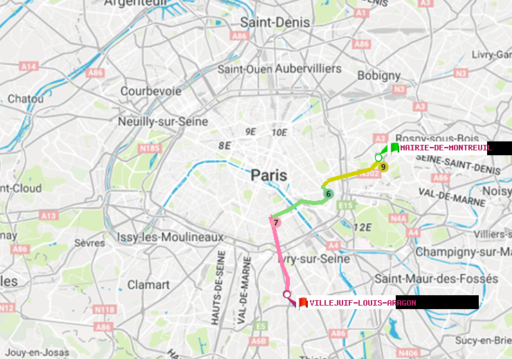 plan itinéraire ratp de Mairie de Montreuil à Villejuif-Louis Aragon