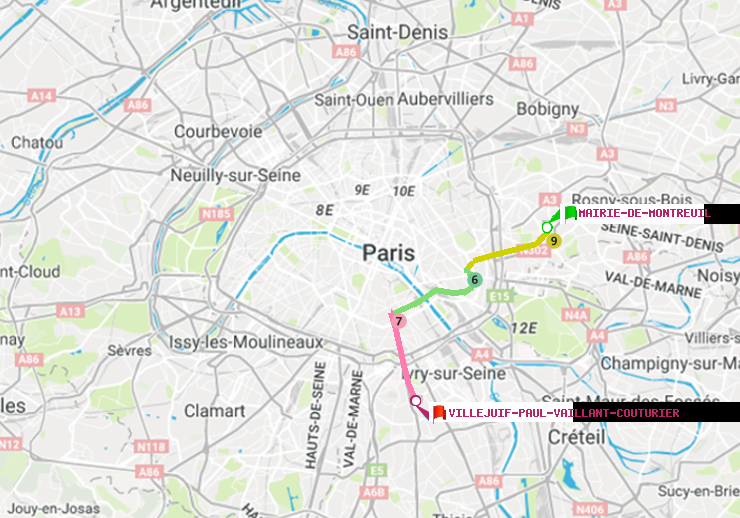 plan itinéraire ratp de Mairie de Montreuil à Villejuif-Paul Vaillant Couturier (Hôpital Paul Brousse)