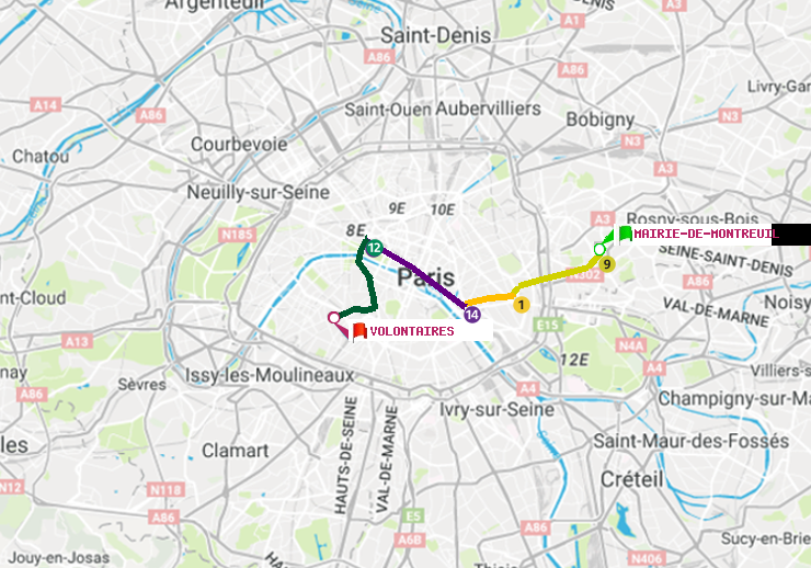 plan itinéraire ratp de Mairie de Montreuil à Volontaires