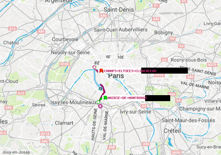 plan itinéraire ratp de Mairie de Montrouge à Champs-Elysées-Clémenceau