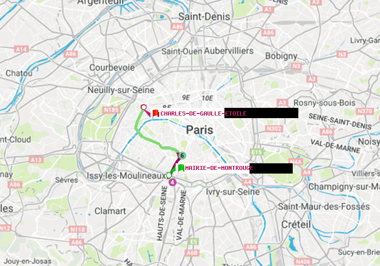 plan itinéraire ratp de Mairie de Montrouge à Charles de Gaulle-Etoile