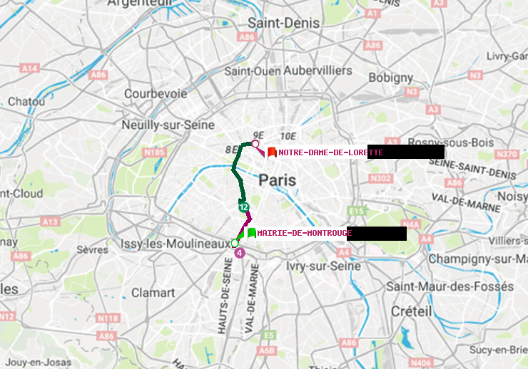 plan itinéraire ratp de Mairie de Montrouge à Notre-Dame de Lorette