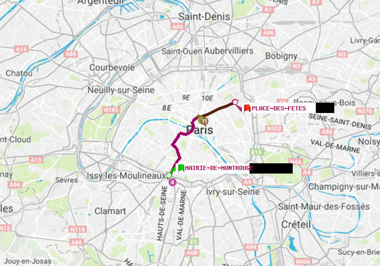 plan itinéraire ratp de Mairie de Montrouge à Place des Fêtes