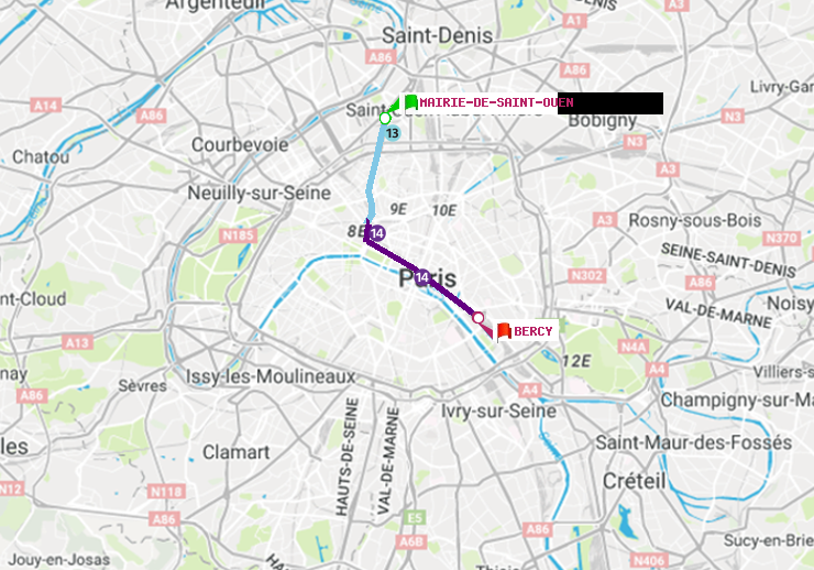 plan itinéraire ratp de Mairie de Saint-Ouen à Bercy