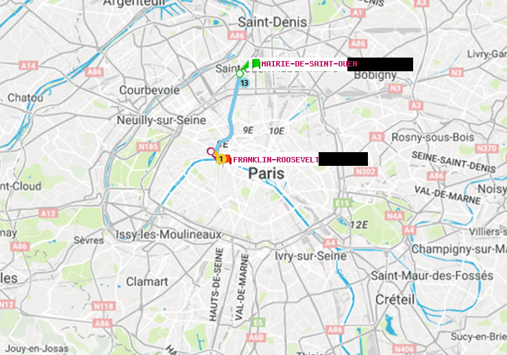plan itinéraire ratp de Mairie de Saint-Ouen à Franklin-Roosevelt