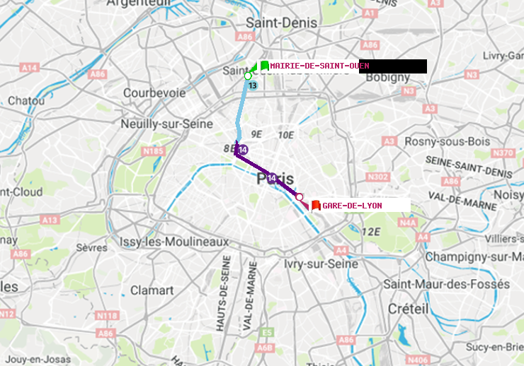 plan itinéraire ratp de Mairie de Saint-Ouen à Gare de Lyon