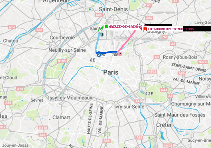 plan itinéraire ratp de Mairie de Saint-Ouen à La Courneuve-8-Mai-1945