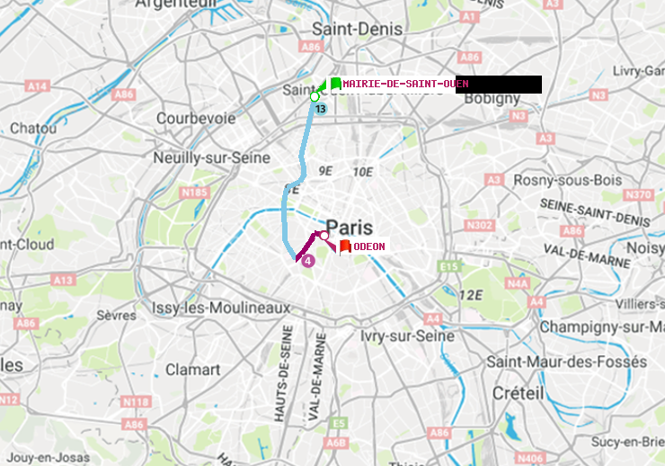 plan itinéraire ratp de Mairie de Saint-Ouen à Odéon
