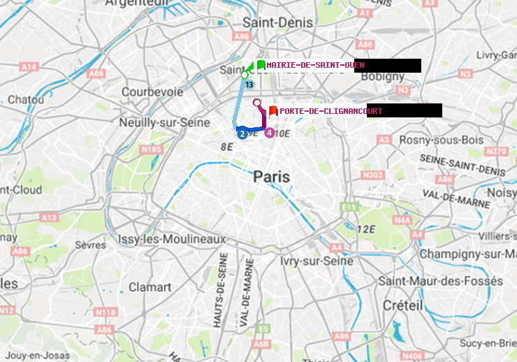 plan itinéraire ratp de Mairie de Saint-Ouen à Porte de Clignancourt