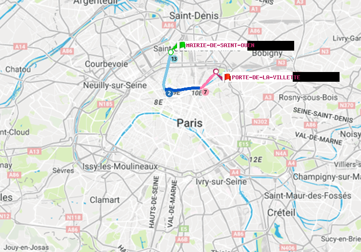plan itinéraire ratp de Mairie de Saint-Ouen à Porte de la Villette