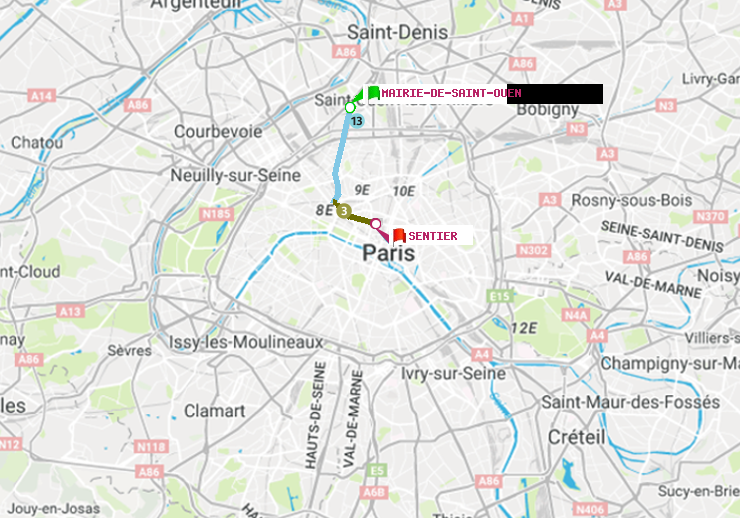 plan itinéraire ratp de Mairie de Saint-Ouen à Sentier