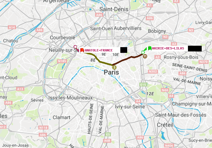 plan itinéraire ratp de Mairie des Lilas à Anatole-France