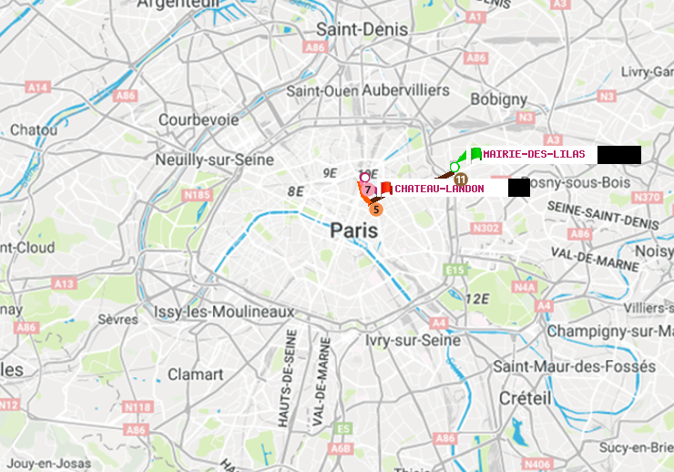 plan itinéraire ratp de Mairie des Lilas à Château Landon