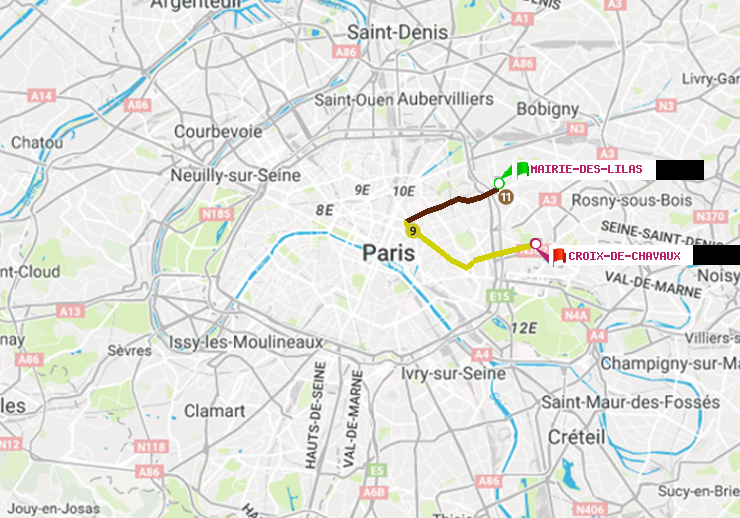 plan itinéraire ratp de Mairie des Lilas à Croix-de-Chavaux (Jacques Duclos)