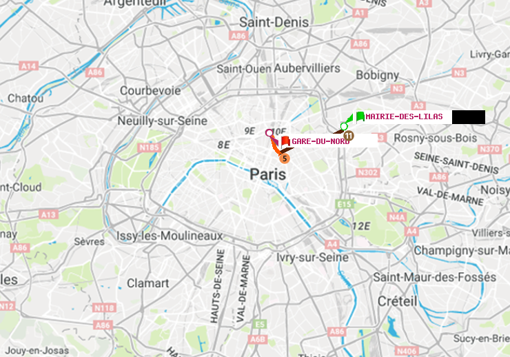 plan itinéraire ratp de Mairie des Lilas à Gare du Nord