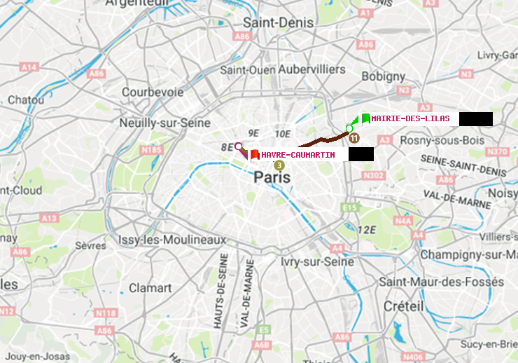 plan itinéraire ratp de Mairie des Lilas à Havre-Caumartin