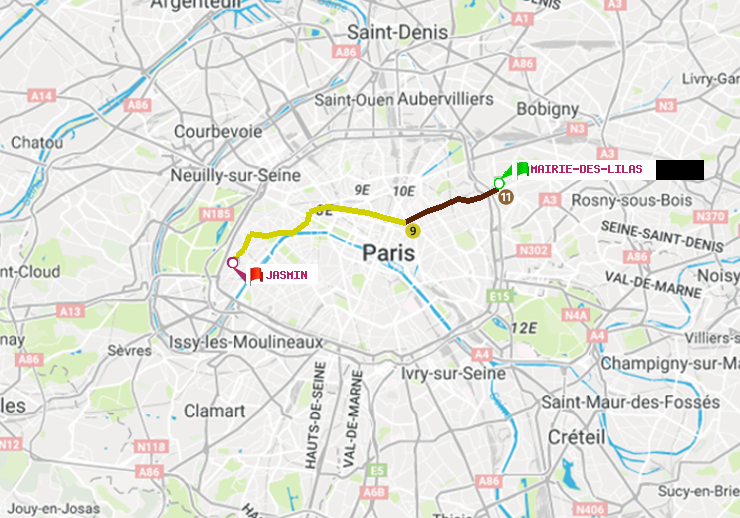 plan itinéraire ratp de Mairie des Lilas à Jasmin