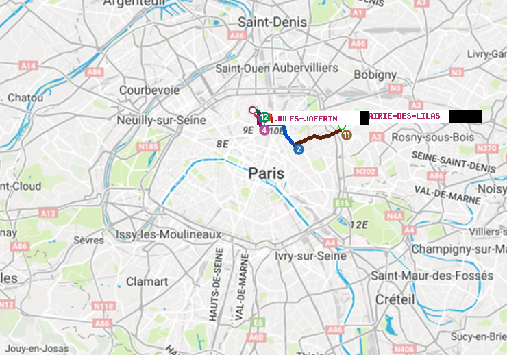 plan itinéraire ratp de Mairie des Lilas à Jules Joffrin