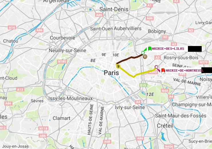 plan itinéraire ratp de Mairie des Lilas à Mairie de Montreuil