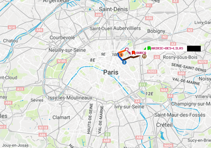 plan itinéraire ratp de Mairie des Lilas à Ourcq