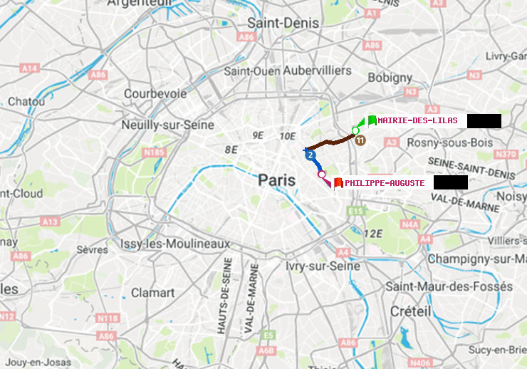 plan itinéraire ratp de Mairie des Lilas à Philippe Auguste