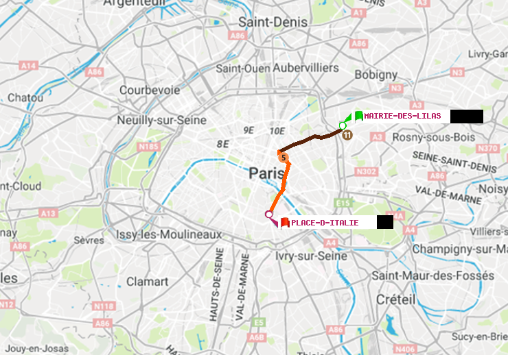 plan itinéraire ratp de Mairie des Lilas à Place d