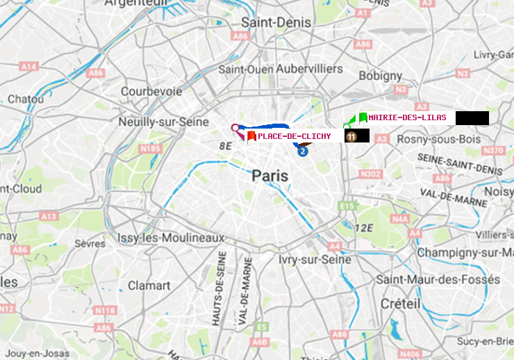 plan itinéraire ratp de Mairie des Lilas à Place de Clichy