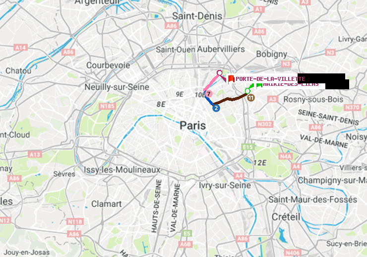 plan itinéraire ratp de Mairie des Lilas à Porte de la Villette