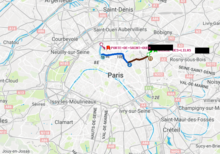 plan itinéraire ratp de Mairie des Lilas à Porte de Saint-Ouen