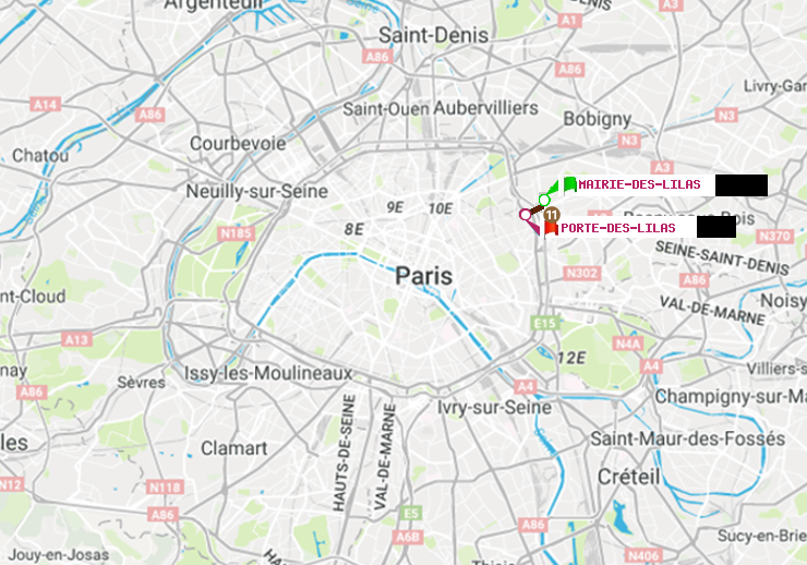 plan itinéraire ratp de Mairie des Lilas à Porte des Lilas