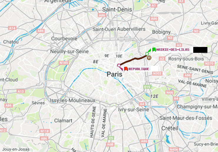 plan itinéraire ratp de Mairie des Lilas à République