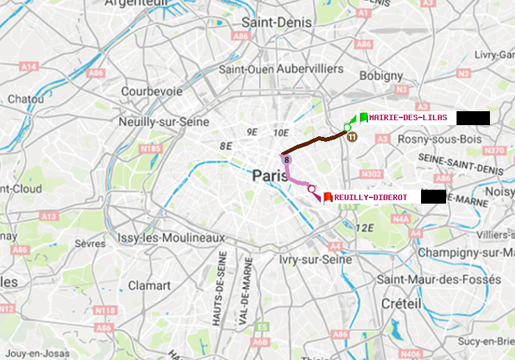 plan itinéraire ratp de Mairie des Lilas à Reuilly-Diderot