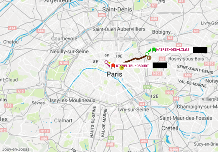 plan itinéraire ratp de Mairie des Lilas à Richelieu-Drouot