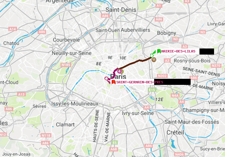 plan itinéraire ratp de Mairie des Lilas à Saint-Germain des Prés