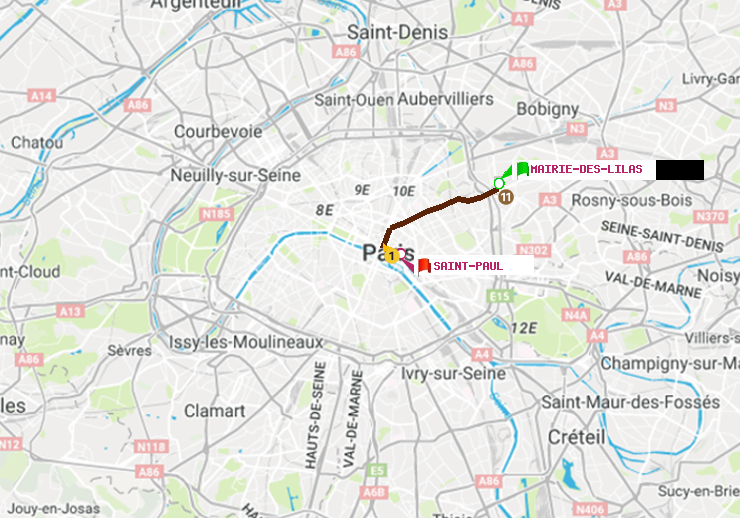 plan itinéraire ratp de Mairie des Lilas à Saint-Paul (Le Marais)